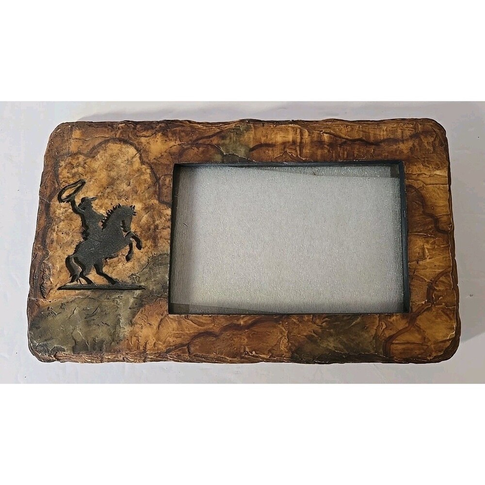 Vintage Rustic Cowboy Horse & Rider Picture Frame Rodeo Western Resin Texas